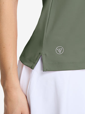 Detail view of hem on mossy stone women's collared v neck quick dry tank tops
