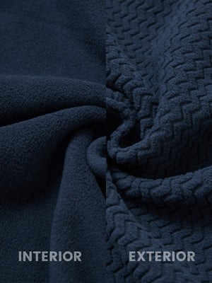 Close-up fabric detail of soft winter fleece jackets, plush texture with warm feel in navy