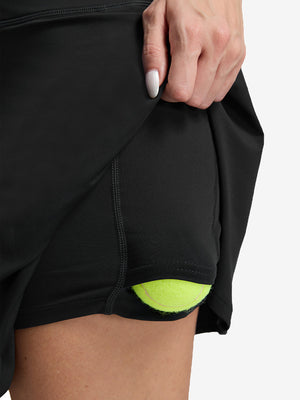 Detail view of inner pocket on black women's high waisted golf skirts with 4 inner pockets