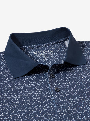 Detail view of collar on dark blue golf premium ribbed collar print polo shirts