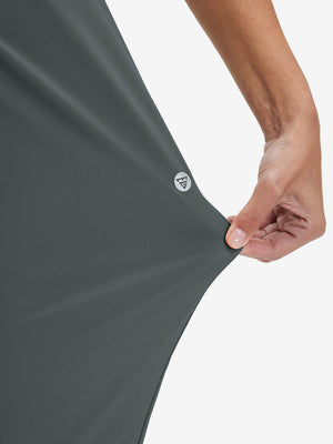 View showing loose fit of dark grey women's lightweight athletic sweatpants