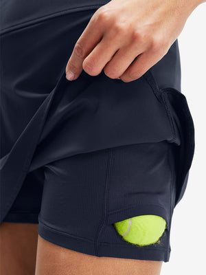 Inside view of pocket on navy high waist built-in short a-line golf skirt with 5 pockets