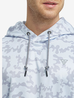 Upper front collar detail of trendy print fleece hoodies, neat stitching with grey white camouflage accent