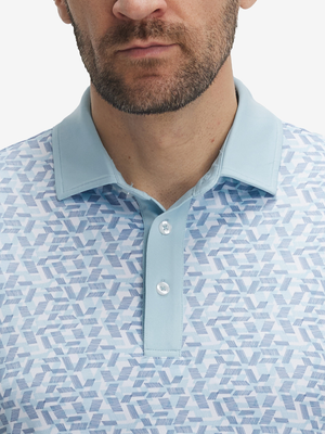 Front shot from nose to chest of model wearing lines geometric stylish full print contrast collared golf polo shirts