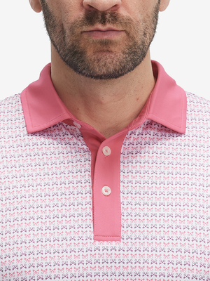 Front shot from nose to chest of model wearing keys pattern stylish full print contrast collared golf polo shirts
