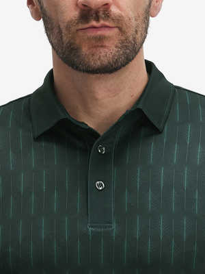 Front shot from nose to chest of model wearing green palm leaves stylish full print contrast collared golf polo shirts
