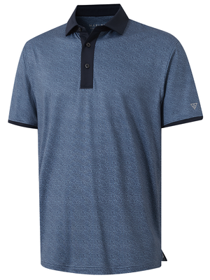 3d view of garment in navy lines of stylish full print contrast collared golf polo shirts.
