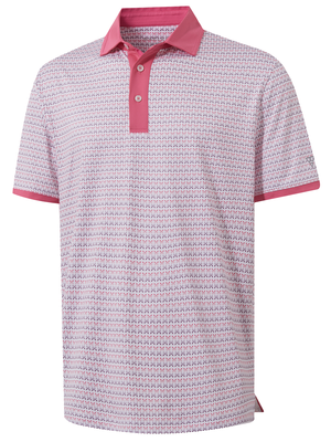 3d view of garment in keys pattern of stylish full print contrast collared golf polo shirts.