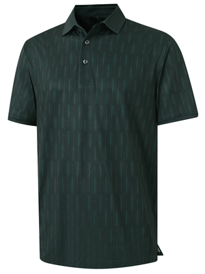 3d view of garment in green palm leaves of stylish full print contrast collared golf polo shirts.