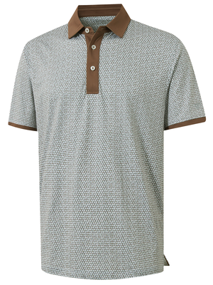 3d view of garment in hexagon grid of stylish full print contrast collared golf polo shirts.