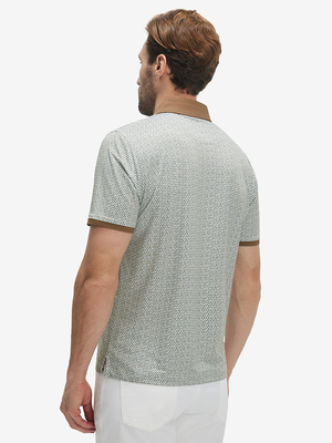 Back upper body shot of model wearing hexagon grid stylish full print contrast collared golf polo shirts