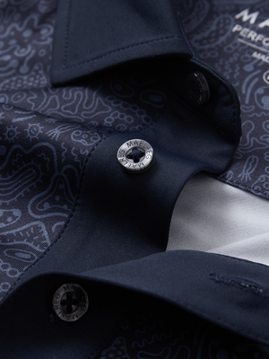 Detail view of collar on navy graffiti stylish full print contrast collared golf polo shirts