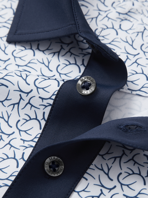 Detail view of collar on navy antlers stylish full print contrast collared golf polo shirts