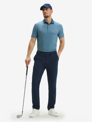 Full front: model in blue small flower lightweight stretch upgraded print golf polo shirts holding golf club.