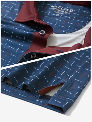 Detail: collar and hem slit of red white golf club lightweight stretch upgraded print golf polo shirts