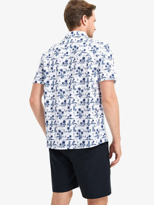 Back half-body view wearing WHITE SAND PINEAPPLE Stylish Printing Summer Shirt.