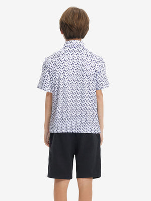 Back upper view of Stylish print boys polo shirts with clean lines and white purple shark tone