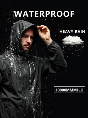 Water repellent feature of dark grey waterproof lightweight rain jacket with hood